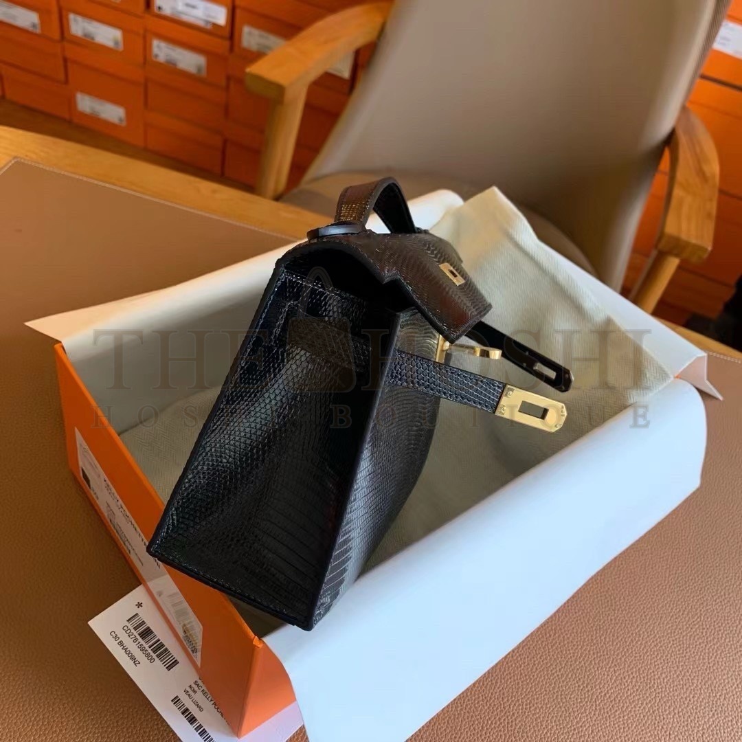 H**me5 Kelly Pochette Handmade Bag In Black Lizard Skin Master Quality