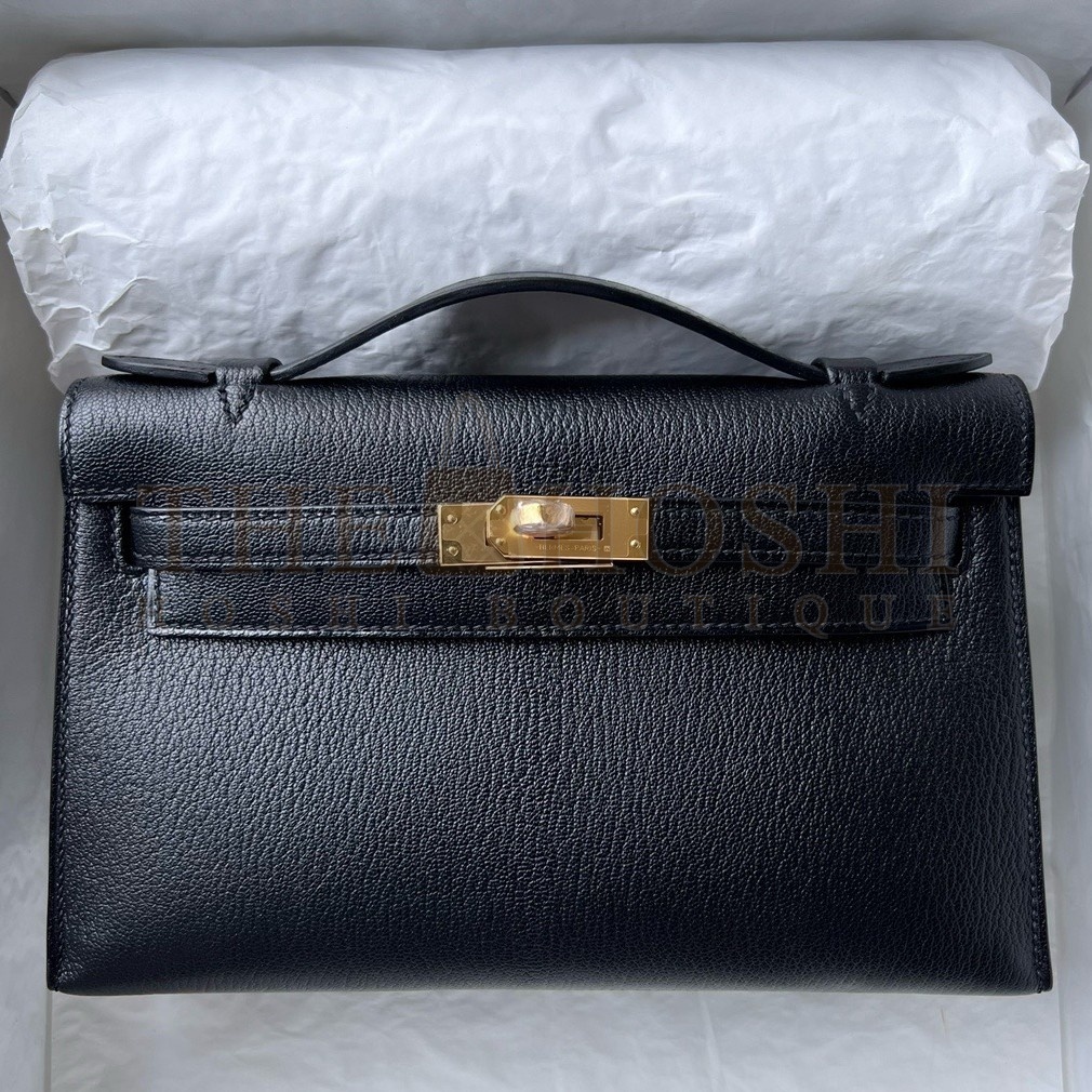 H**me5 Kelly Pochette Handmade Bag In Black Chevre Mysore Leather Master Quality