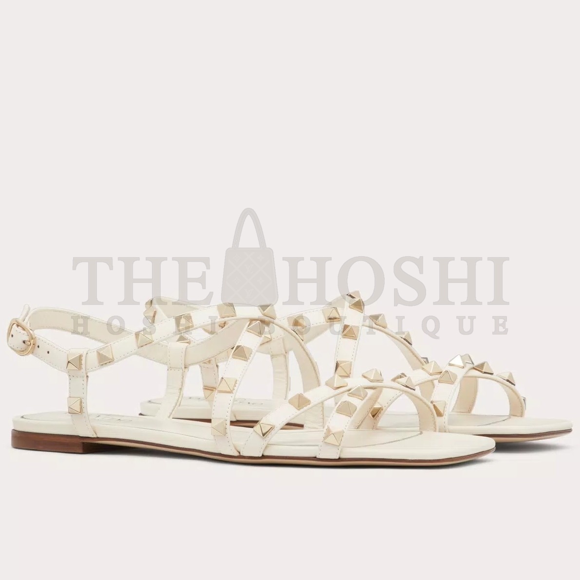 Va1e*ntin0 Rockstud Flat Sandals with Straps in White Leather Master Quality