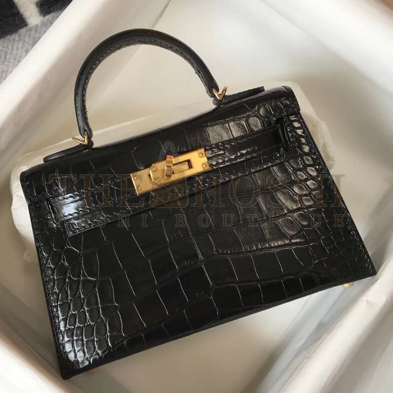 H**me5 Kelly Mini II Sellier Bag In Black Crocodile Embossed Leather Master Quality