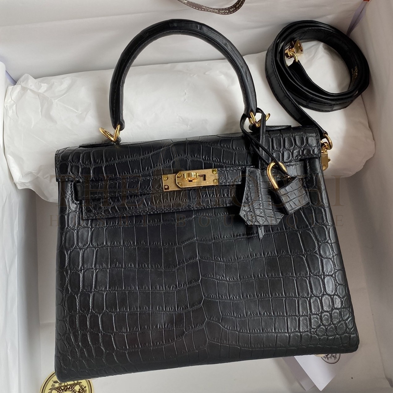 H**me5 Kelly Sellier 25 Handmade Bag In Black Crocodile Niloticus Matte Skin Master Quality