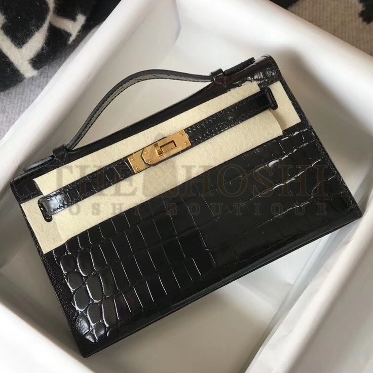 H**me5 Kelly Pochette Bag In Black Embossed Crocodile Leather Master Quality