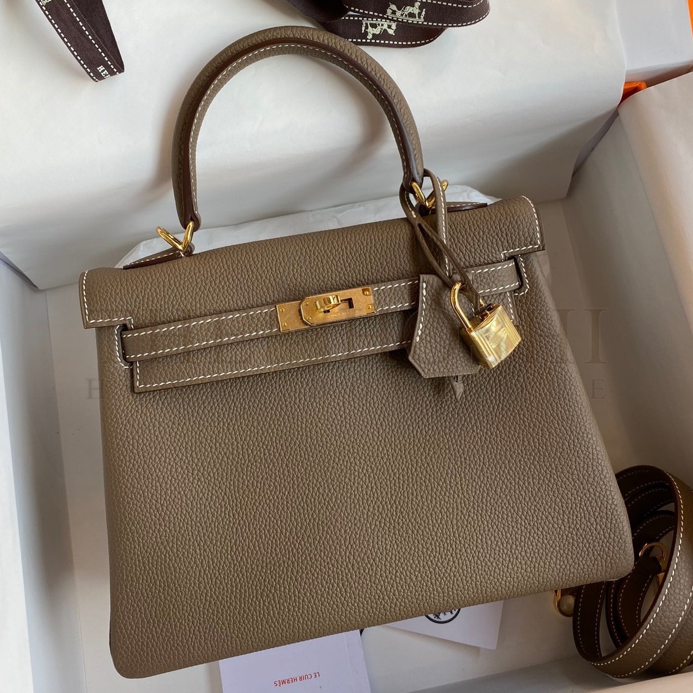 H**me5 Kelly Retourne 25 Handmade Bag In Taupe Clemence Leather Master Quality