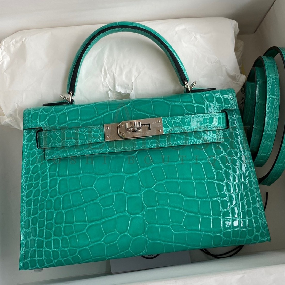 H**me5 Kelly Mini II Sellier Handmade Bag In Vert Jude Shiny Alligator Leather Master Quality