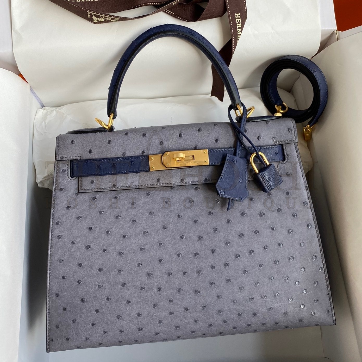 H**me5 Kelly Sellier 25 Bicolor Bag in Gris Agate and Blue Ostrich Leather Master Quality