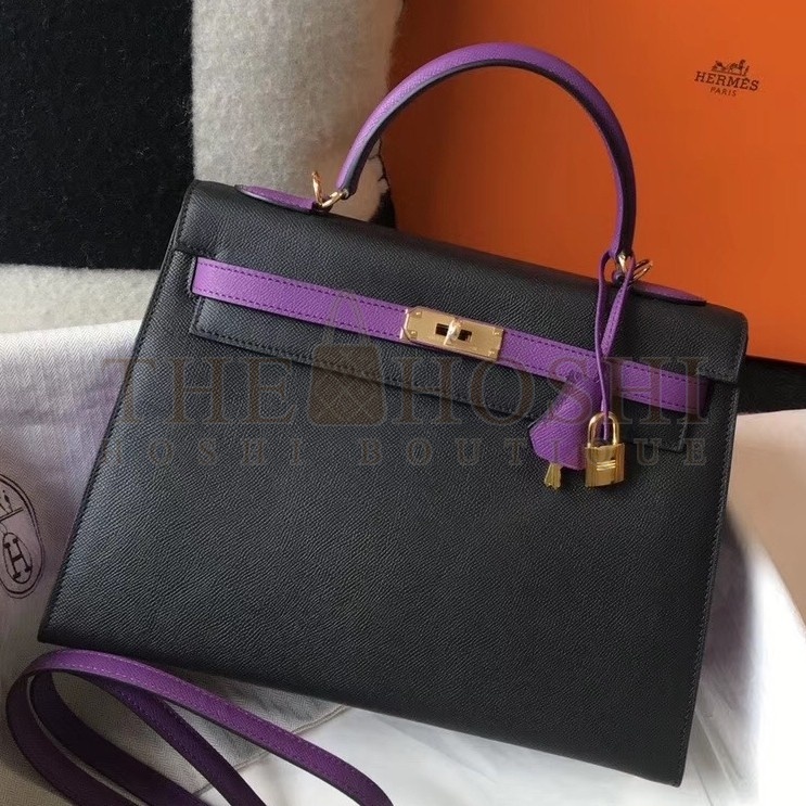 H**me5 Bi-color Kelly 32cm Epsom Bag Black/Purple GHW Master Quality