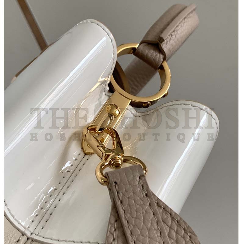 L0vis Vvtt0n LV Women Capucines BB Handbag Beige Taurillon Patent Leather Smooth Calfskin Master Quality