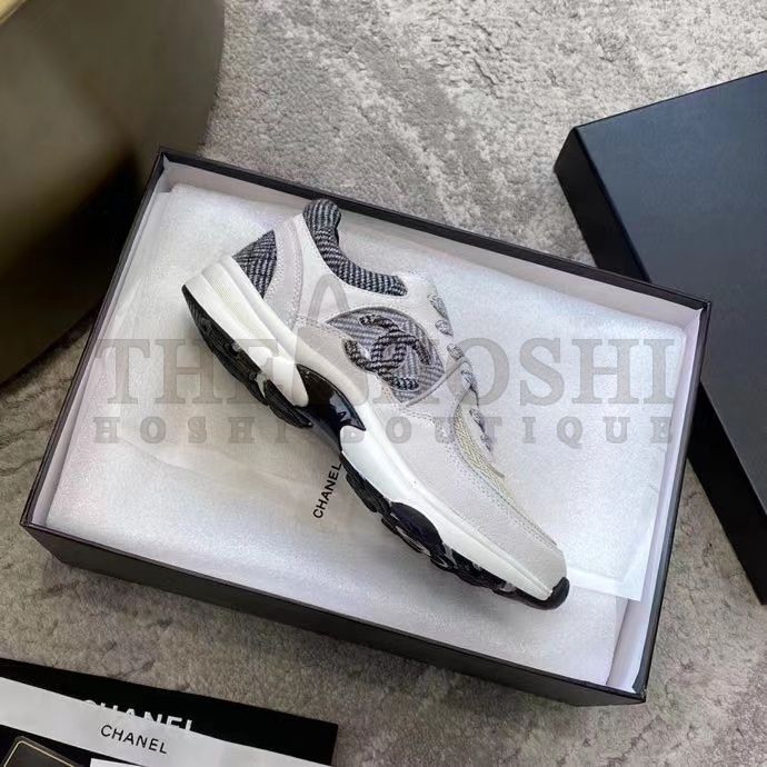 Ch**el Women CC Sneakers Fabric & Suede Calfskin Ivory Light Gray & White 1 Cm Heel Master Quality