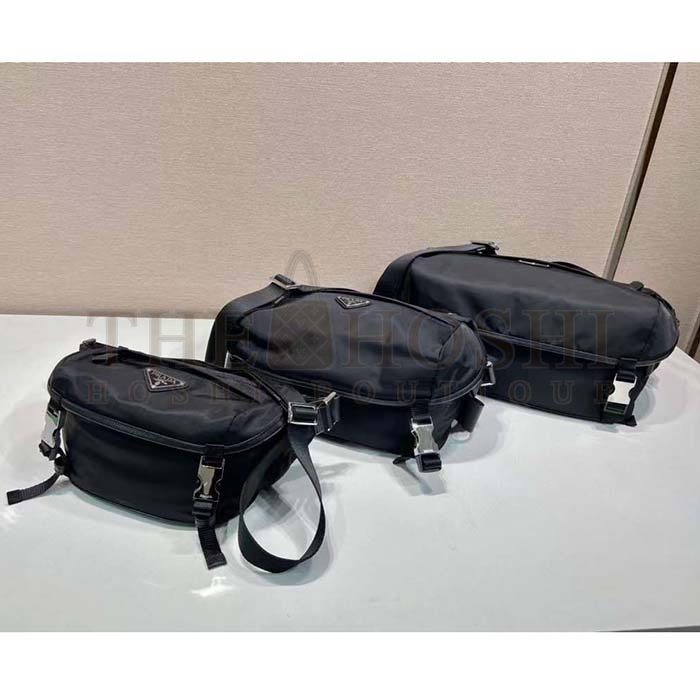 Pra*a Unisex Re-Nylon Saffiano Leather Shoulder Bag Black Fabric Flap Closure Master Quality
