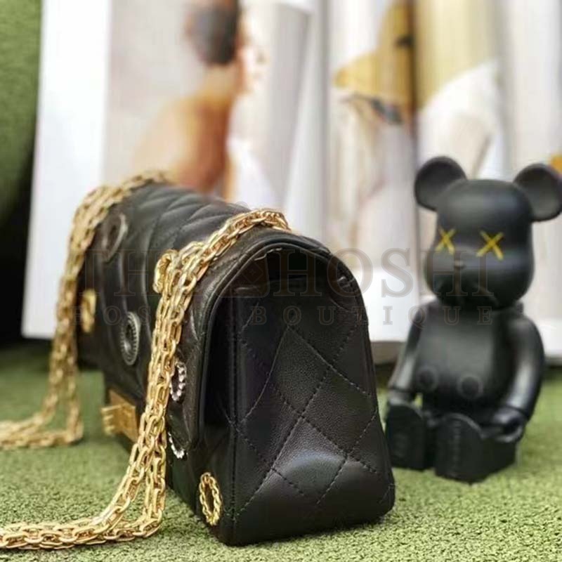 Ch**el Women CC 2.55 Handbag Calfskin Strass Glass Pearls Gold Silver Tone Black Master Quality