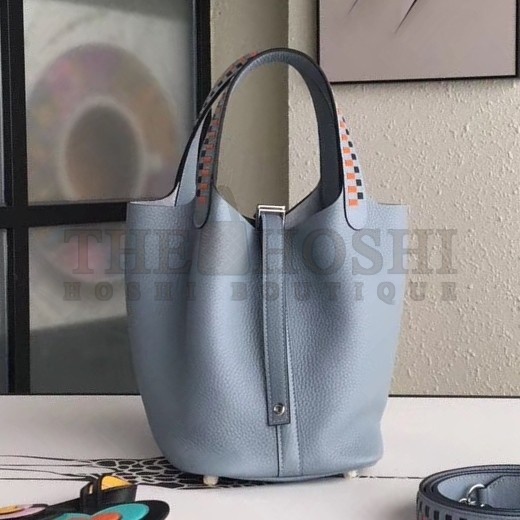 H**me5 Blue Lin Picotin Lock 18cm Bag With Braided Handles Master Quality