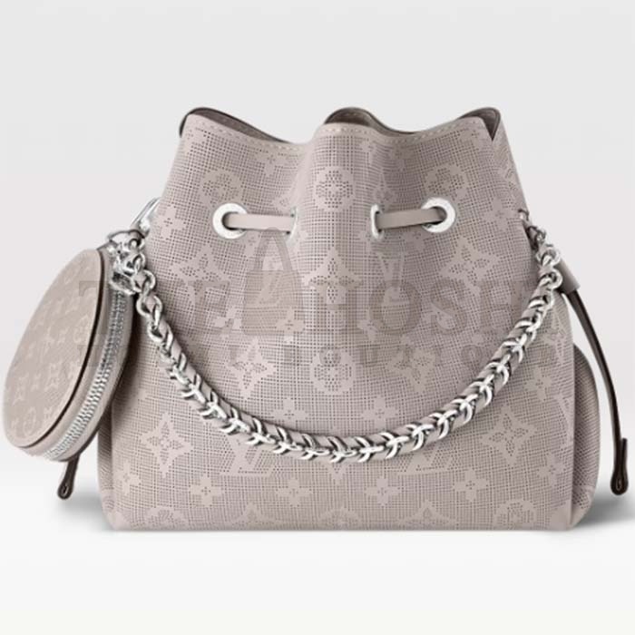 L0vis Vvtt0n LV Women Bella Bucket Bag Gray Mahina Perforated Calfskin Leather Master Quality