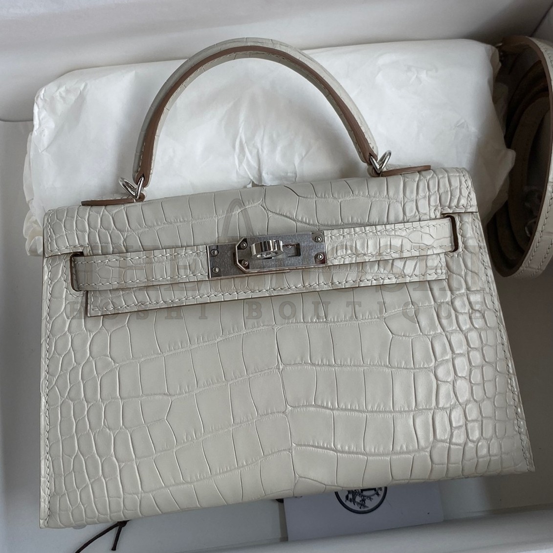 H**me5 Kelly Mini II Sellier Handmade Bag In Grey Matte Alligator Leather Master Quality