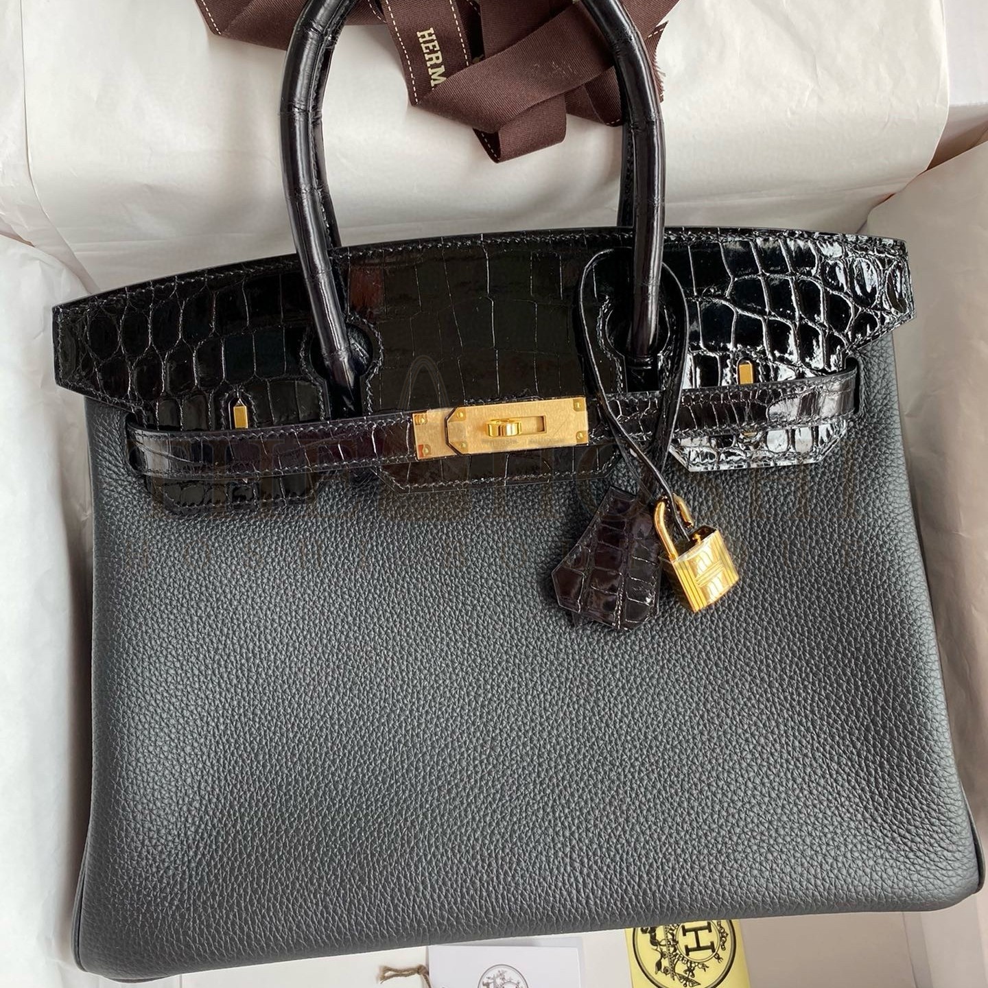 H**me5 Touch Birkin 30 Bag In Black Clemence and Shiny Niloticus Crocodile Skin Master Quality