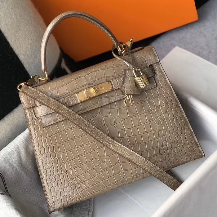 H**me5 Kelly 28cm Bag In Taupe Embossed Crocodile GHW Master Quality