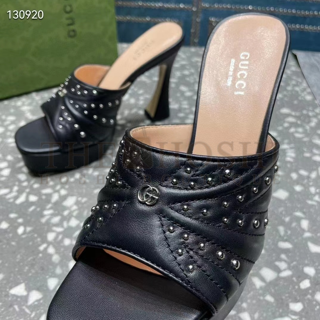 Gvc*1 Women G2 Heeled Slide Sandals Black Leather Studs Spool High 15 Cm Heel Master Quality