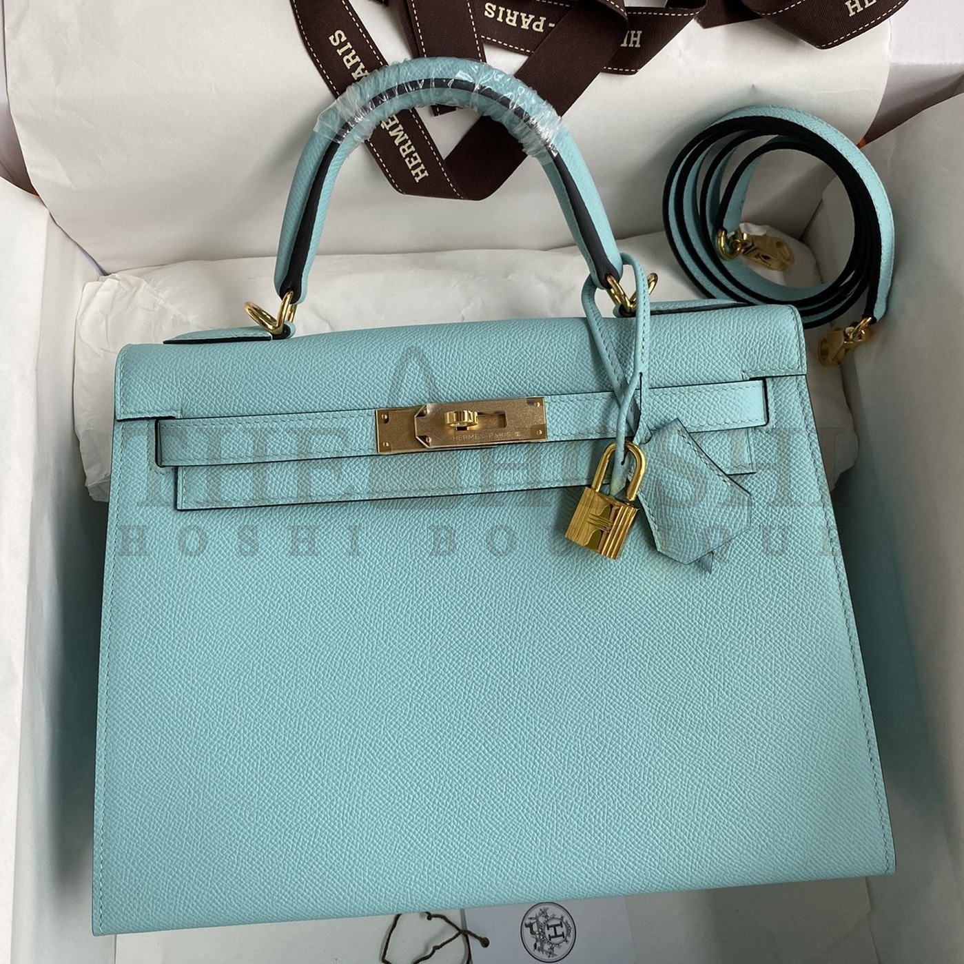 H**me5 Kelly Sellier 28 Handmade Bag In Blue Atoll Epsom Calfskin Master Quality