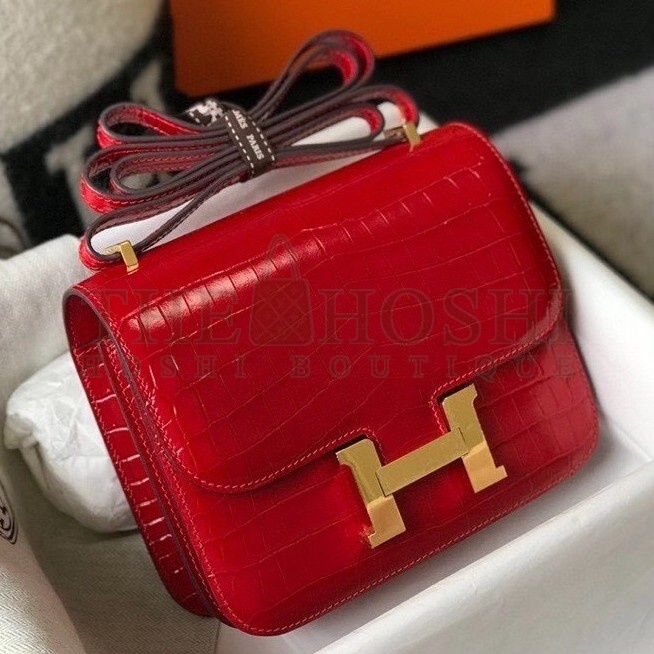 H**me5 Constance 18cm Bag In Red Embossed Crocodile Master Quality