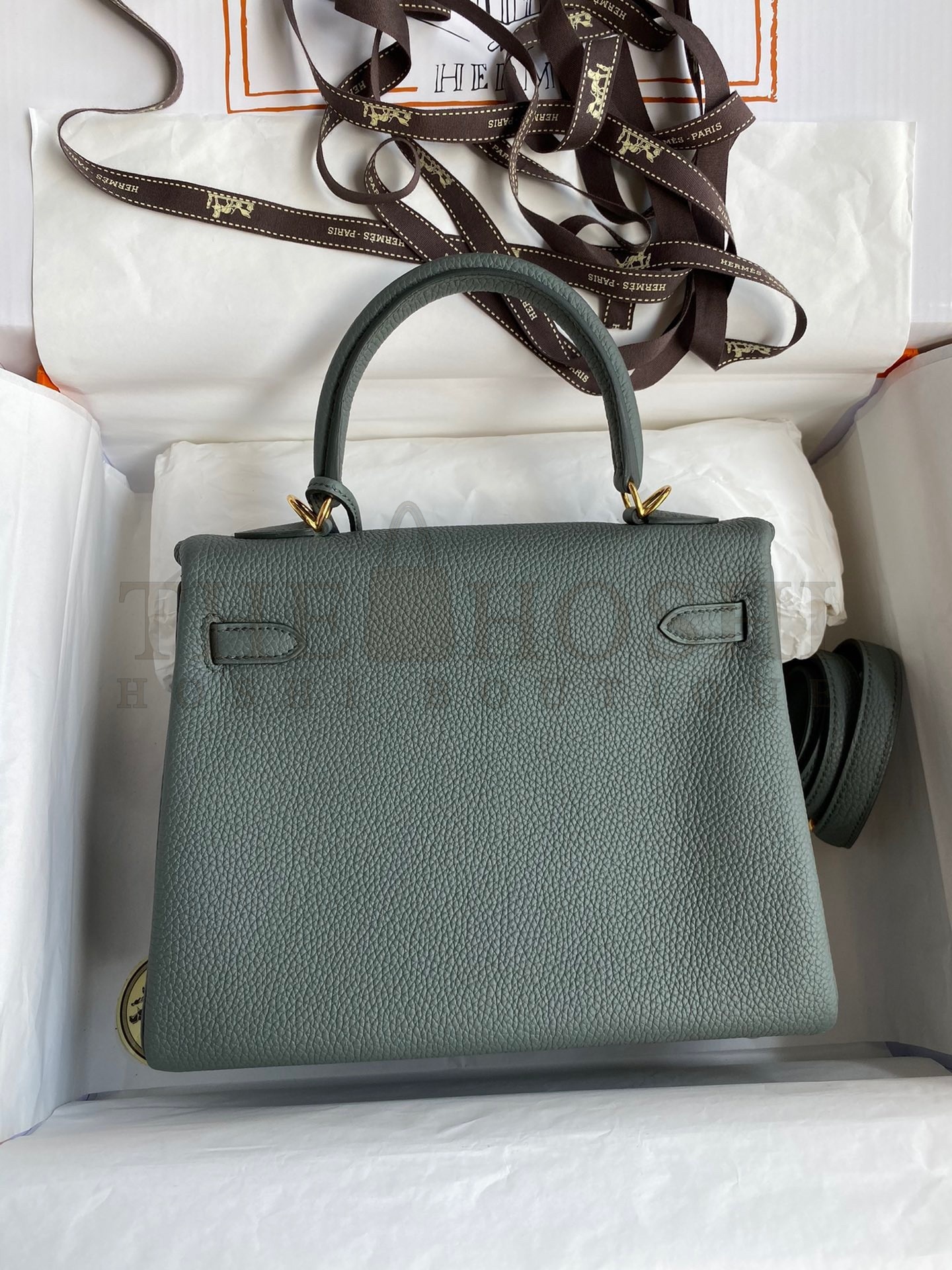 H**me5 Kelly Retourne 25 Handmade Bag In Vert Amande Clemence Leather Master Quality