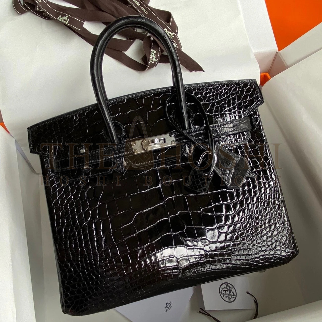 H**me5 Birkin 25 Retourne Handmade Bag In Black Shiny Alligator Leather Master Quality