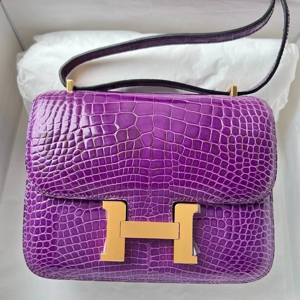 H**me5 Constance 18 Handmade Bag In Purple Shiny Alligator Leather Master Quality