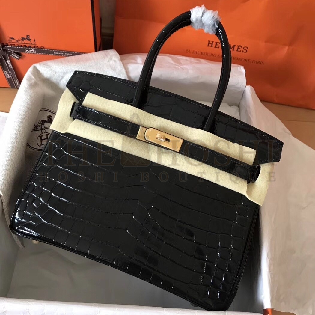 H**me5 Black Birkin 30cm Crocodile Porosus Shiny Bag Master Quality