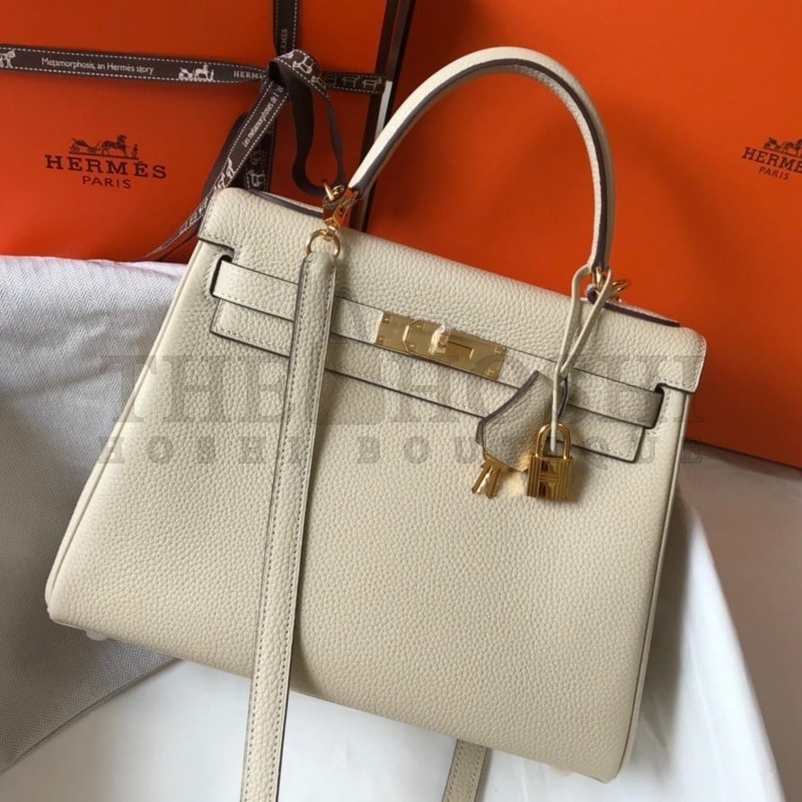 H**me5 Kelly 28cm Retourne Bag in Craie Clemence Leather GHW Master Quality
