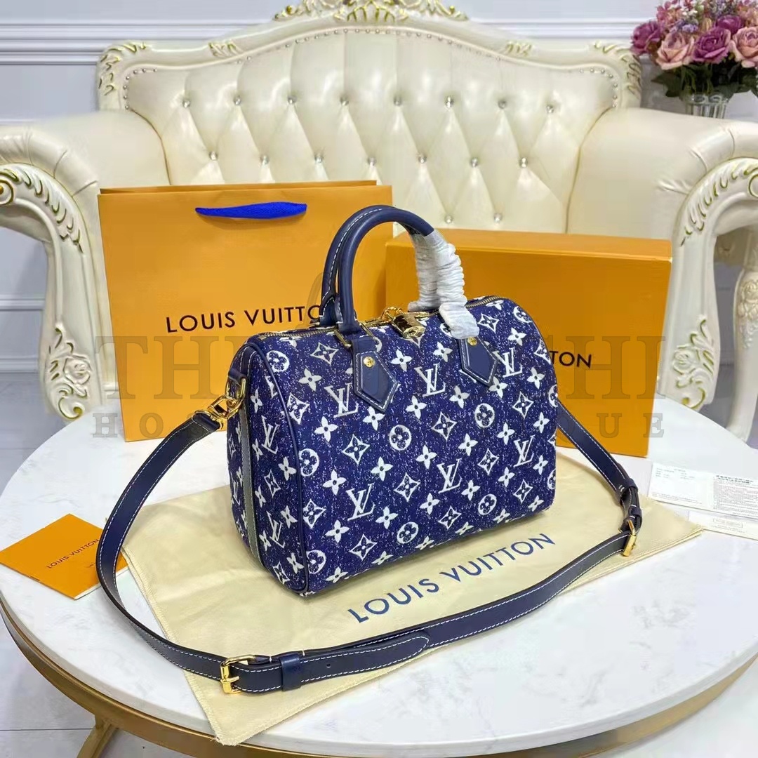L0vis Vvtt0n LV Women Speedy Bandoulière 25 Handbag Navy Blue Denim Jacquard Calfskin Master Quality