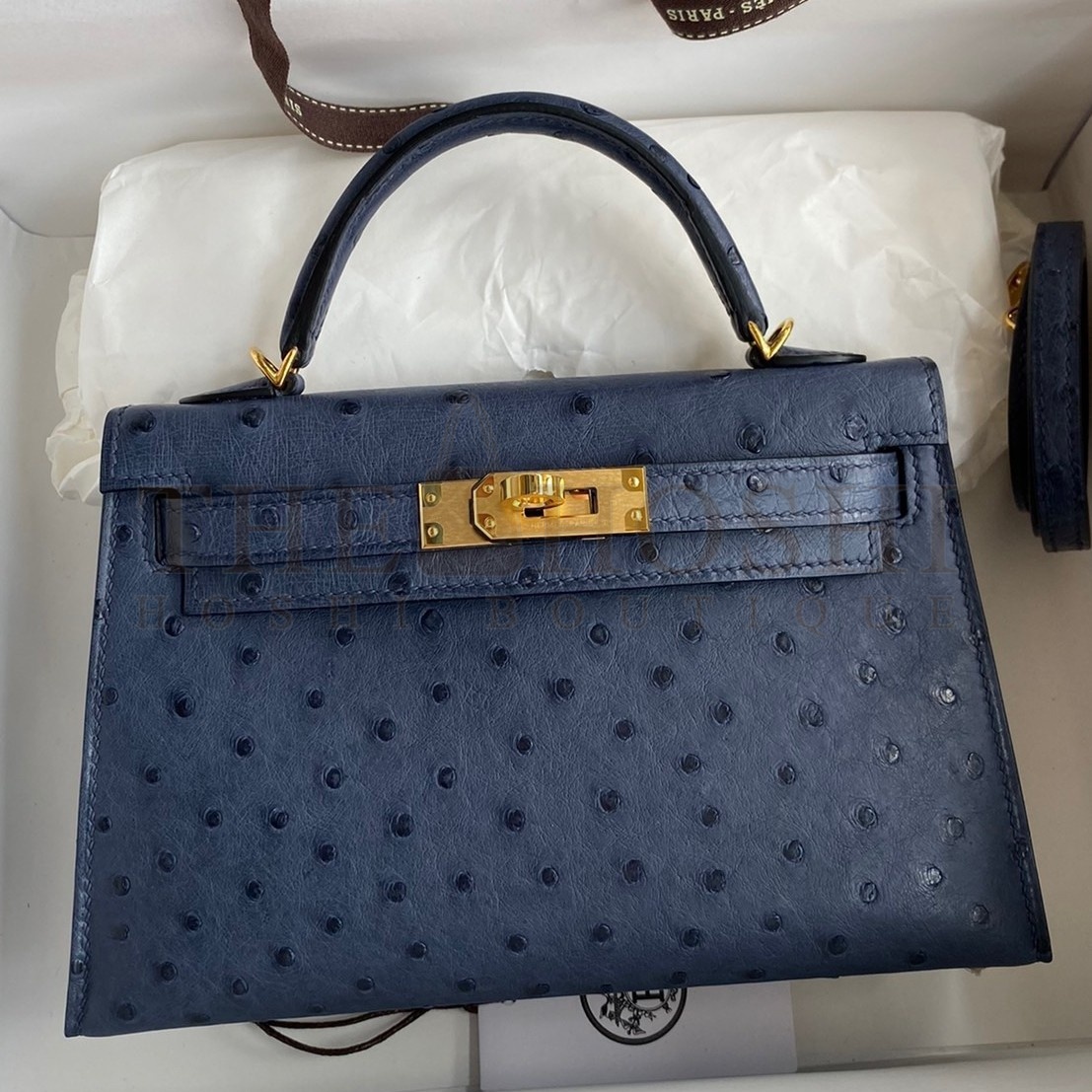 H**me5 Kelly Mini II Sellier Handmade Bag In Blue Iris Ostrich Leather Master Quality