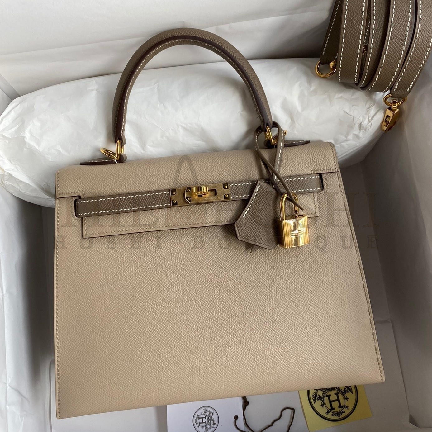 H**me5 Kelly Sellier 25 Bicolor Bag in Trench and Taupe Epsom Calfskin Master Quality