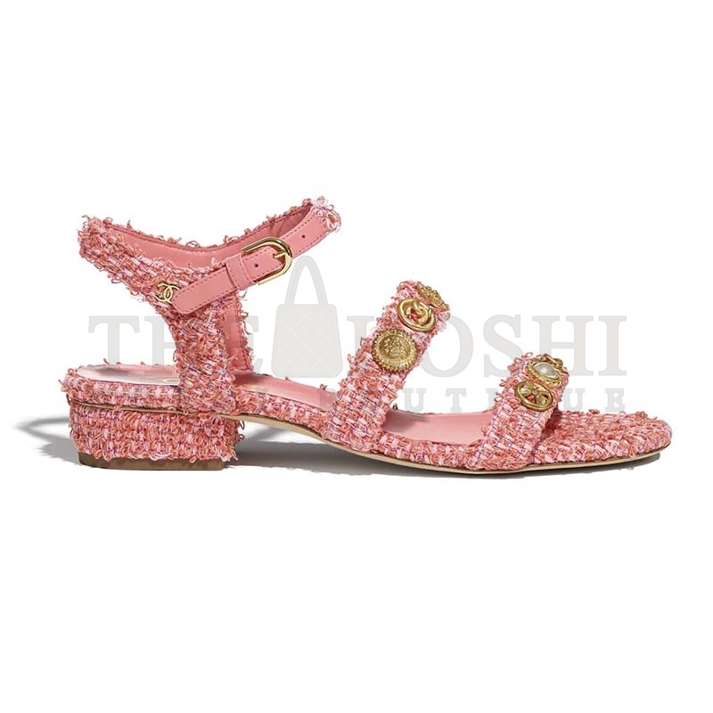 Ch**el Women Sandals Cotton Tweed & Jewelry Coral & Pink 2.5 cm Heel Master Quality