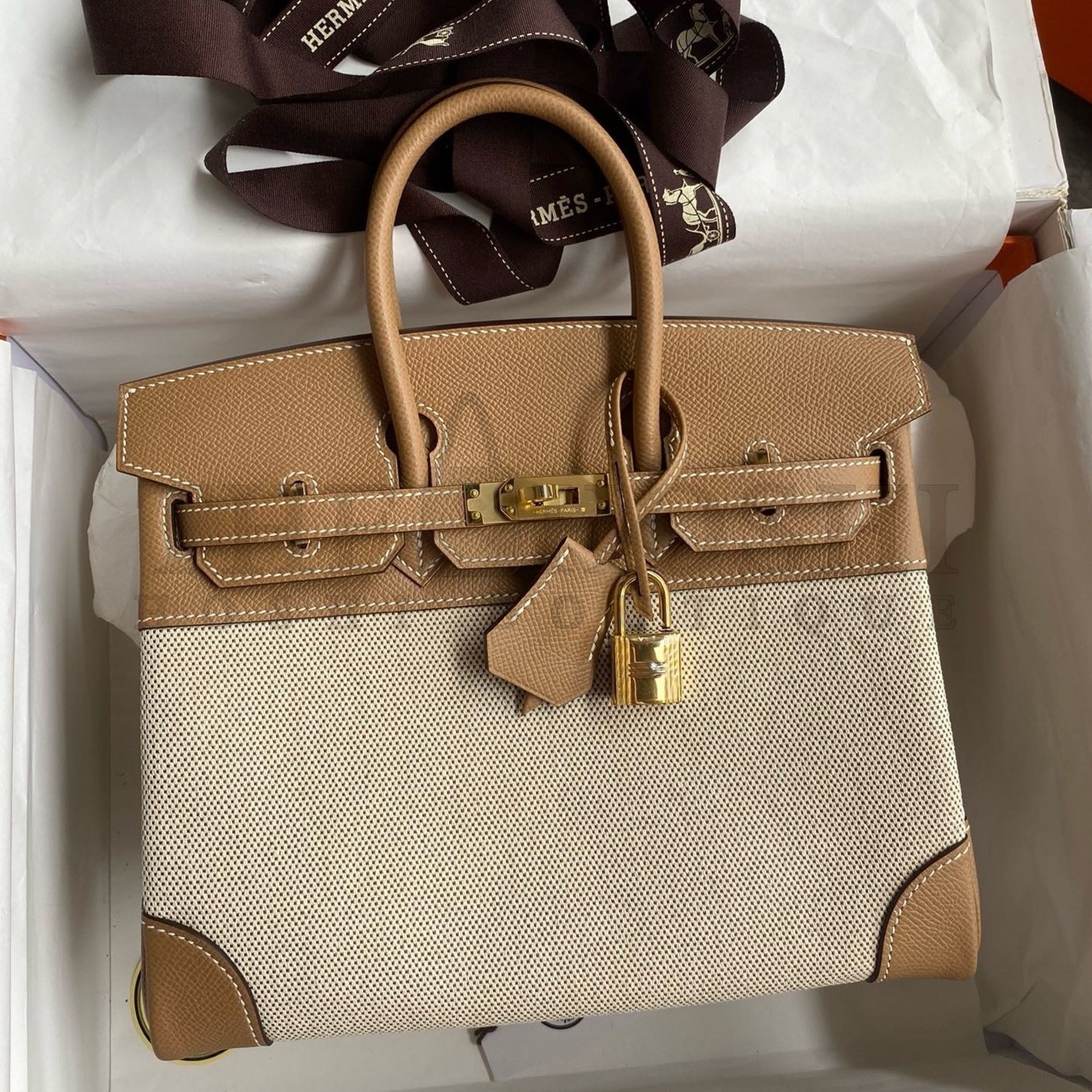 H**me5 Birkin 25 Handmade Bag In Toile &amp; Chai Epsom Leather Master Quality