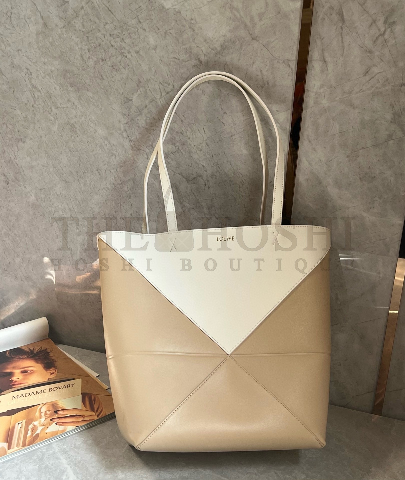 L0ew* Medium Puzzle Fold Tote Bag in White/Beige Calfskin Master Quality
