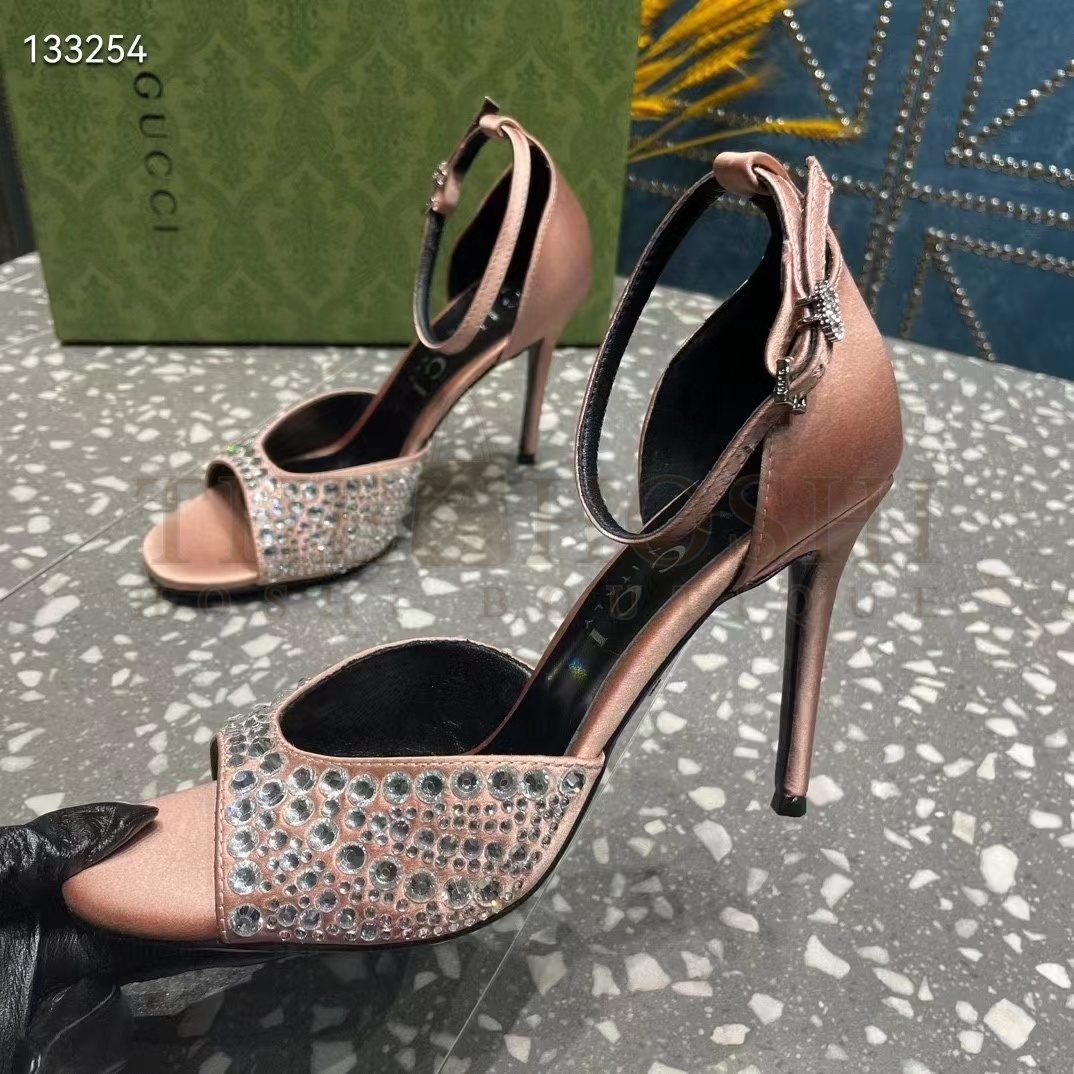 Gvc*1 Women G2 Mid-Heel Sandals Crystals Silver Satin 8 CM Heel Double G Master Quality