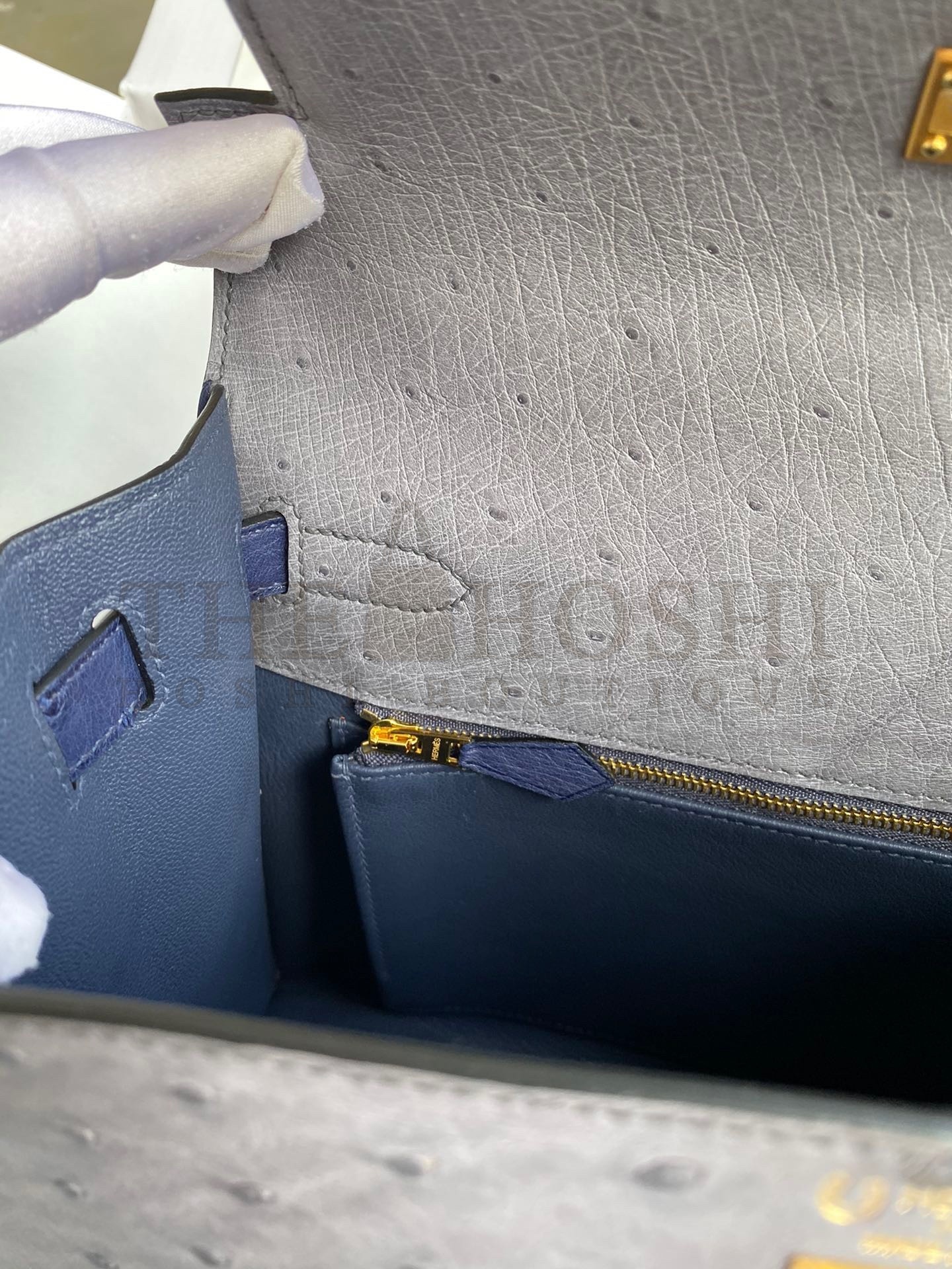 H**me5 Kelly Sellier 25 Bicolor Bag in Gris Agate and Blue Ostrich Leather Master Quality