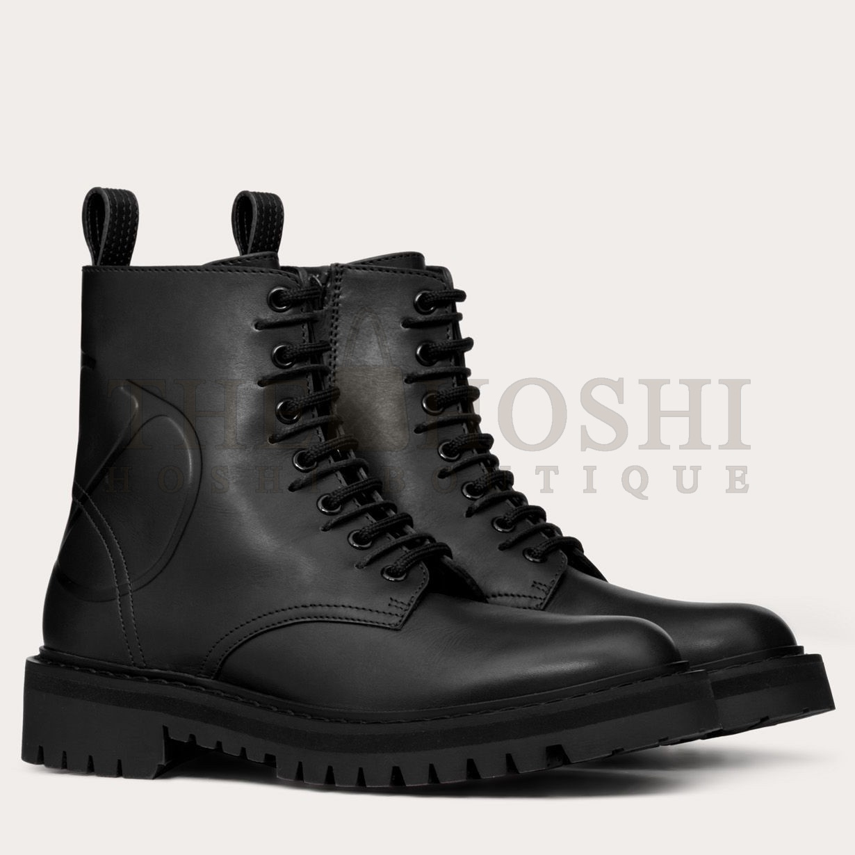 Va1e*ntin0 Black Leather VLogo Combat Boots Master Quality