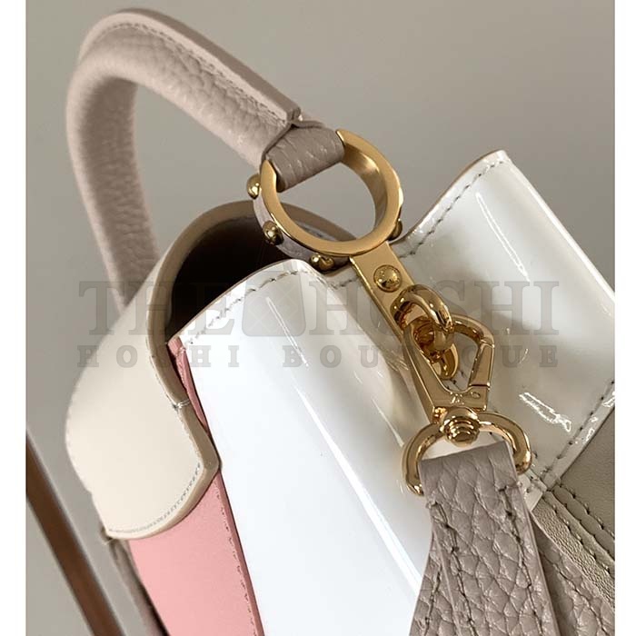 L0vis Vvtt0n LV Women Capucines BB Handbag Beige Taurillon Patent Leather Smooth Calfskin Master Quality