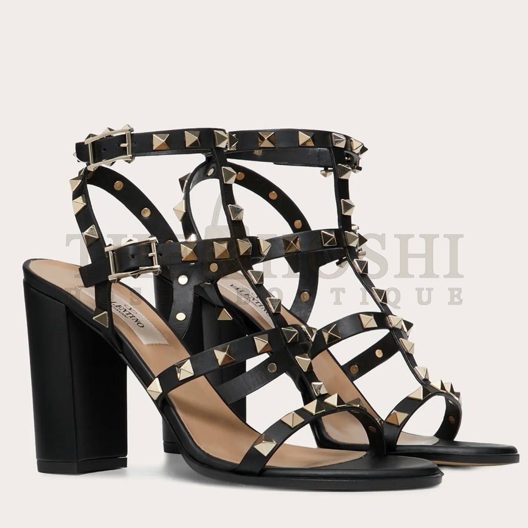 Va1e*ntin0 Rockstud Ankle Strap Sandals 90mm In Black Calfskin Master Quality