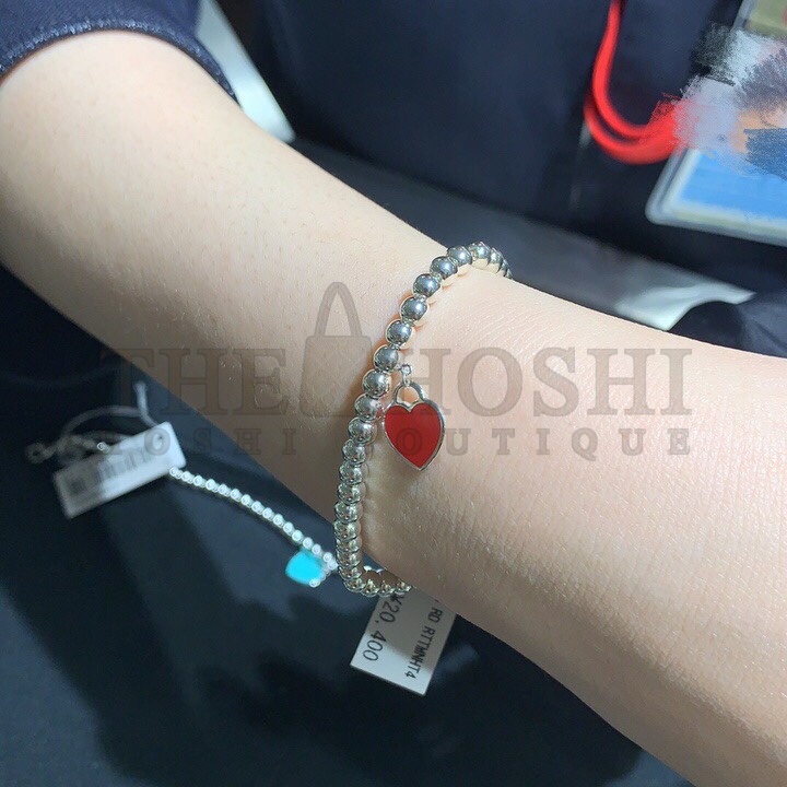 T*f*ny  T*f*ny& CO. Pink Heart Tag Bead Bracelet in Silver, 4 mm Master Quality