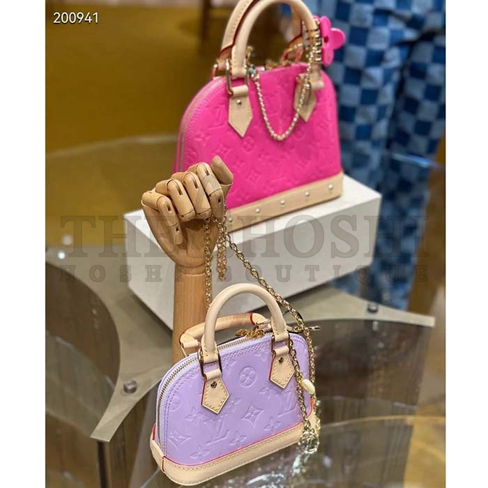 L0vis Vvtt0n LV Women Alma BB Handbag Neon Pink Monogram Vernis Embossed Cowhide Leather M90611 Master Quality