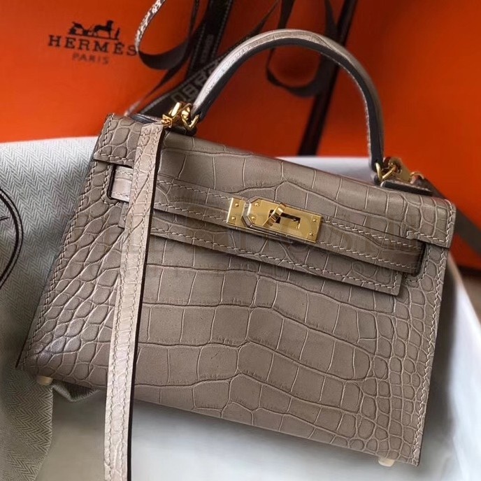 H**me5 Kelly Mini II Bag In Grey Crocodile Embossed Leather Master Quality