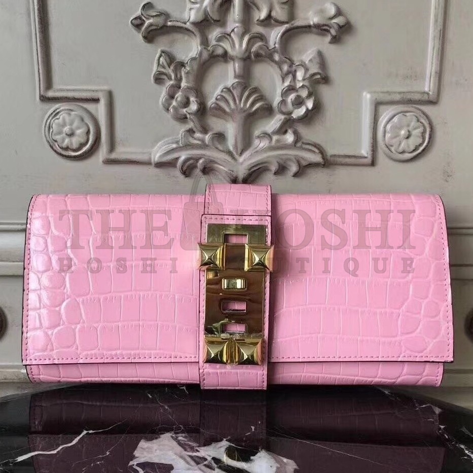 H**me5 Medor Clutch Bag In Pink Crocodile Leather Master Quality