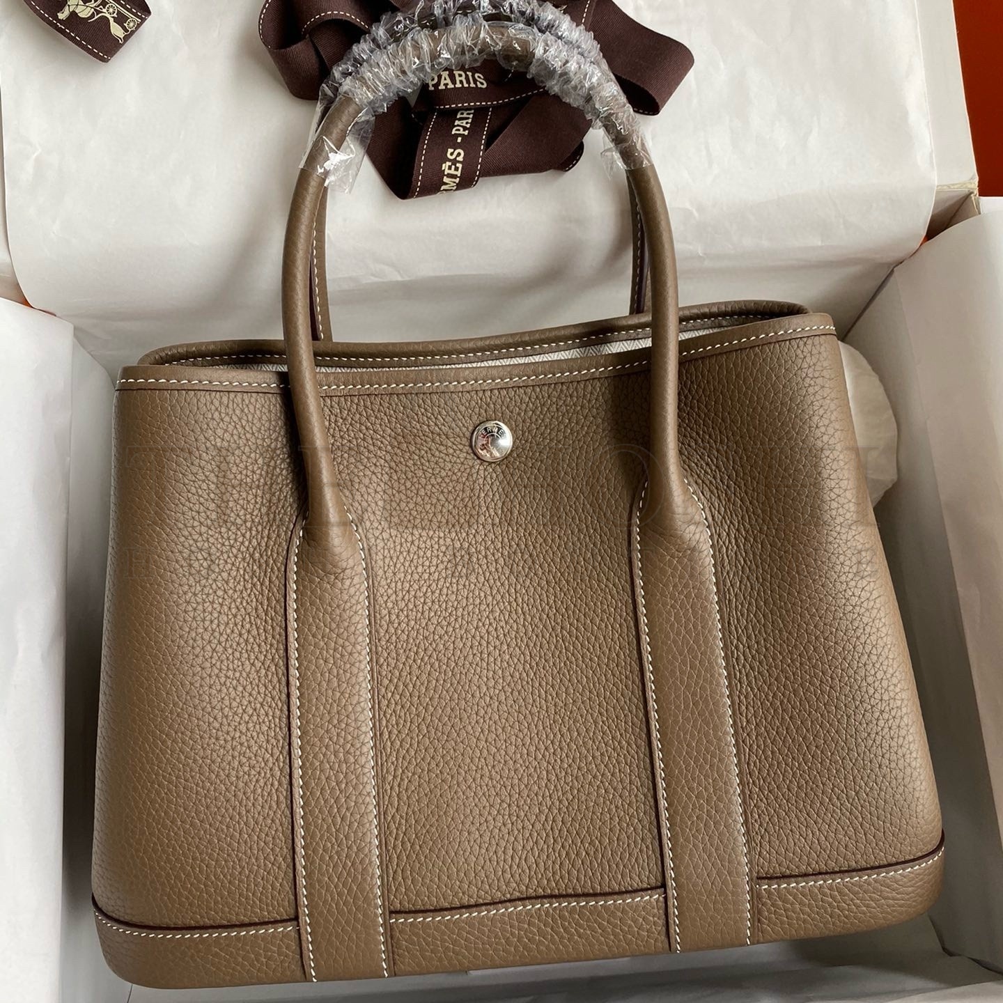 H**me5 Garden Party 30 Handmade Bag in Taupe Clemence Leather Master Quality