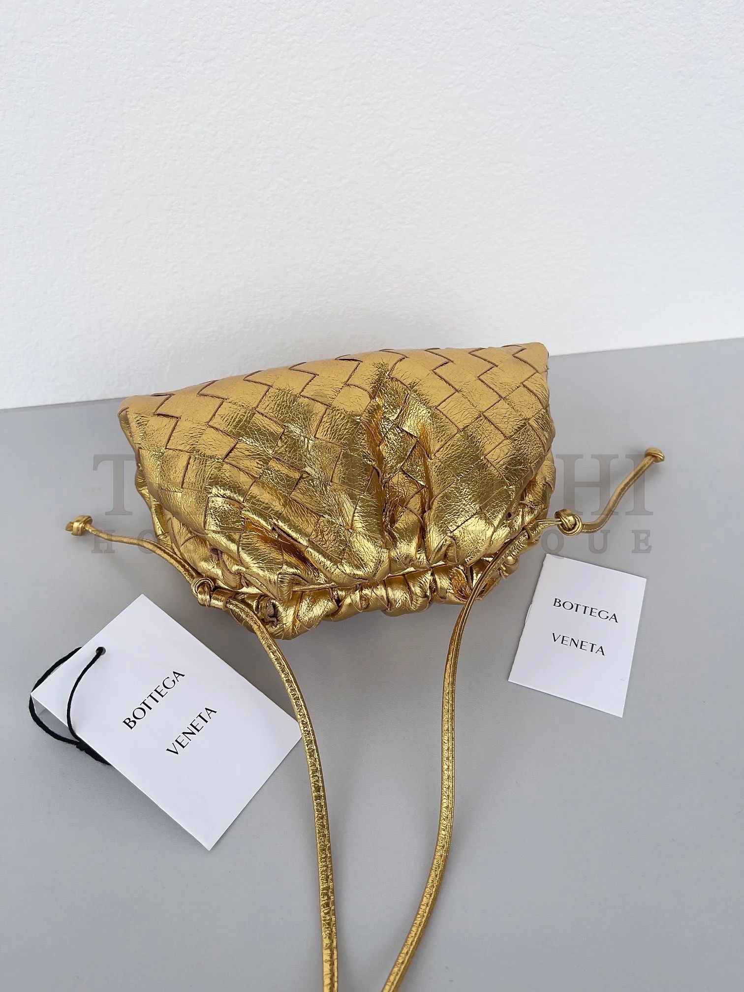 B0tt*ga Ven*ta Mini Pouch with Strap in Gold Metallic Lambskin Master Quality
