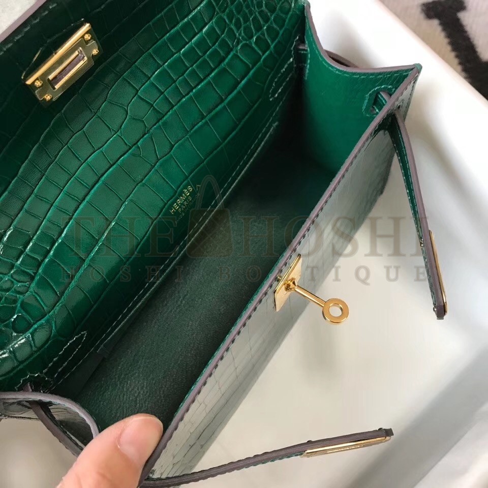 H**me5 Kelly Pochette Bag In Green Embossed Crocodile Leather Master Quality
