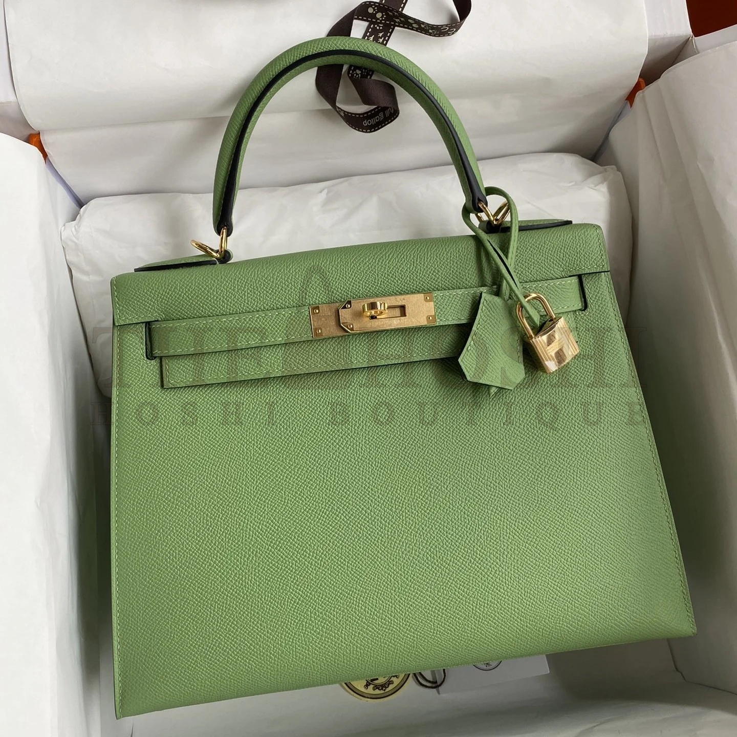 H**me5 Kelly Sellier 28 Handmade Bag In Vert Criquet Epsom Calfskin Master Quality