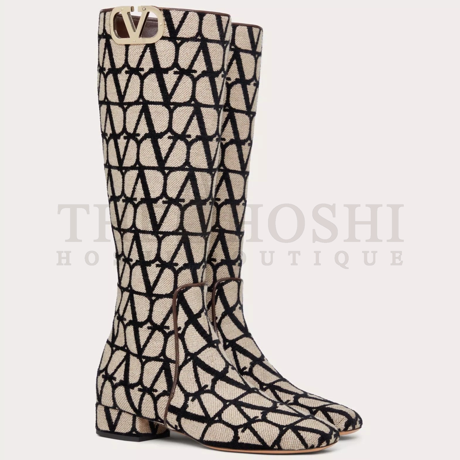 Va1e*ntin0 VLogo Type Knee Boots in Black Toile Iconographe fabric Master Quality