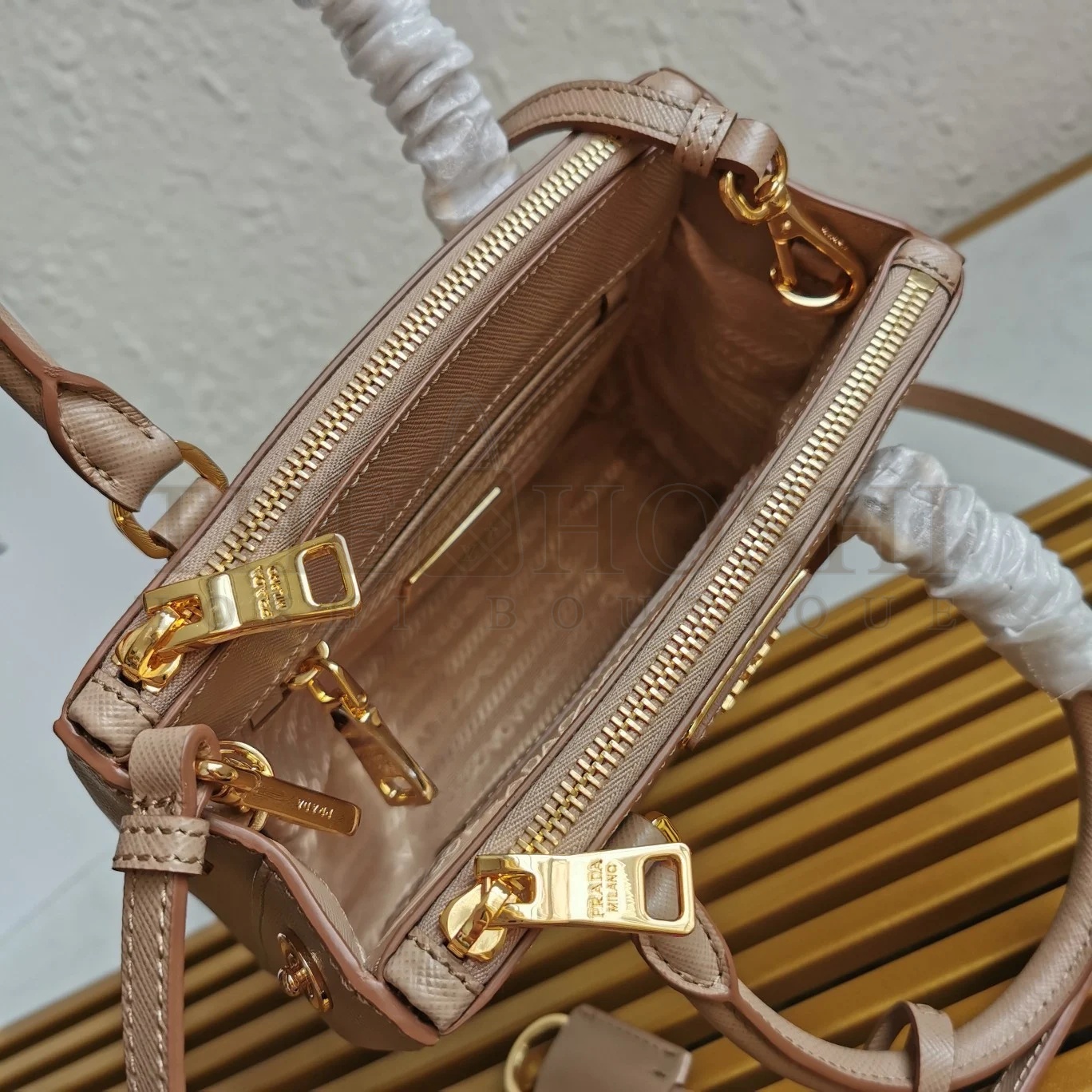Pra*a Mini Galleria Bag In Beige Saffiano Leather Master Quality