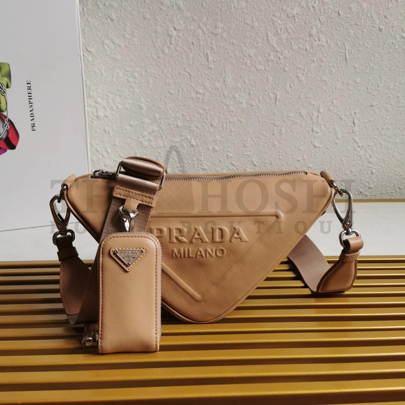 Pra*a Triangle Shoulder Bag In Beige Calfskin Master Quality
