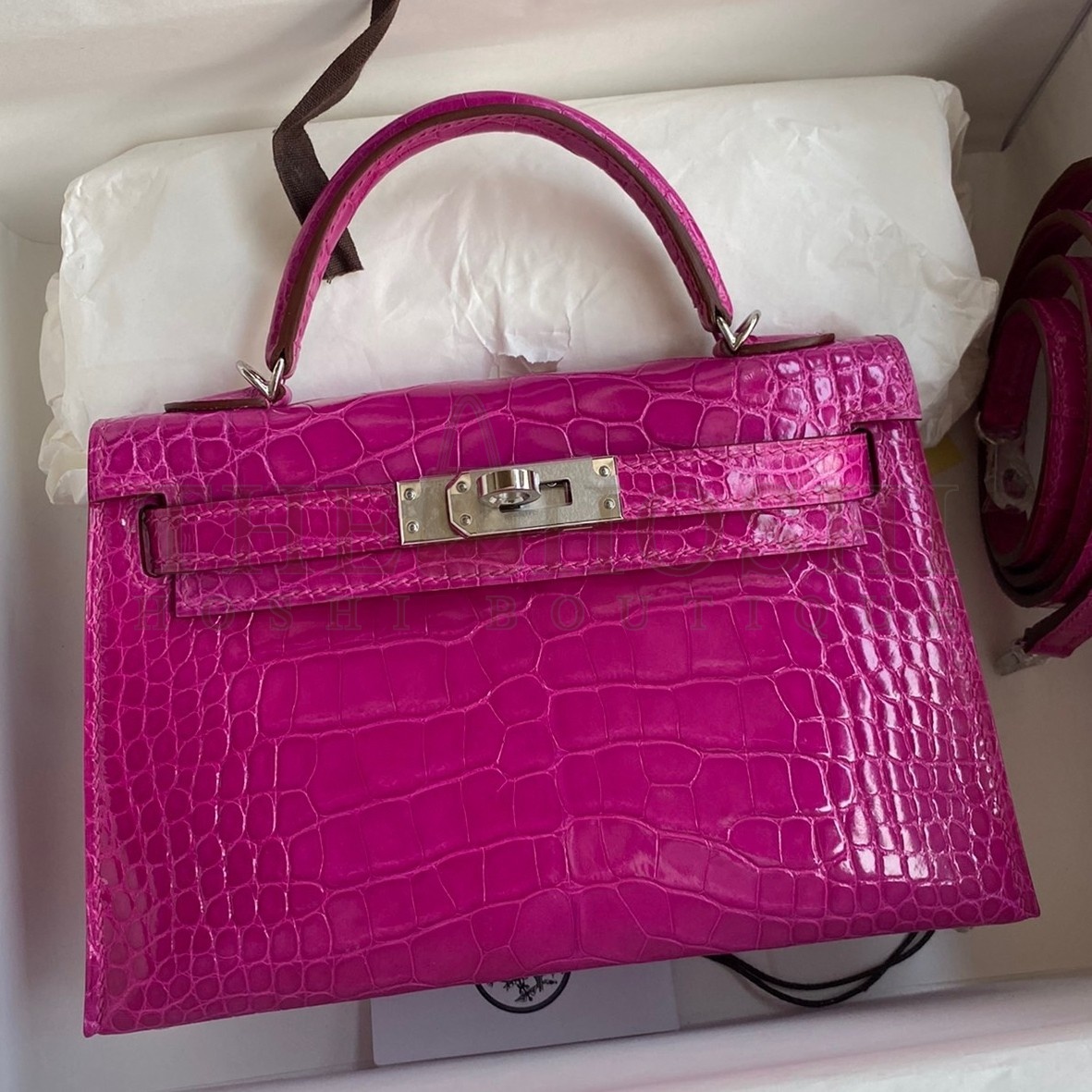 H**me5 Kelly Mini II Sellier Handmade Bag In Rose Scheherazade Shiny Alligator Leather Master Quality